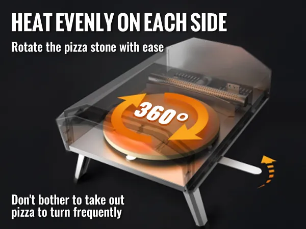 VEVOR outdoor pizza oven with rotating stone for even heating on all sides, eliminating the need for frequent turning.