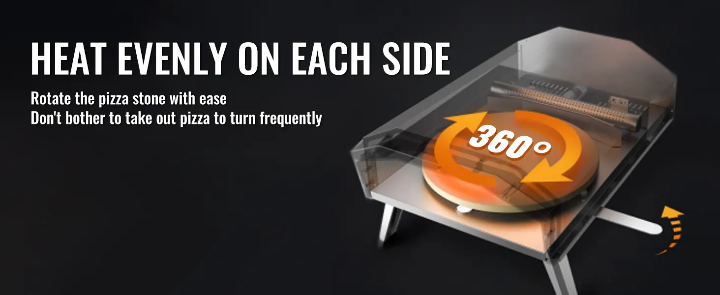 VEVOR outdoor pizza oven with rotating stone for even heating on all sides, eliminating the need for frequent turning.