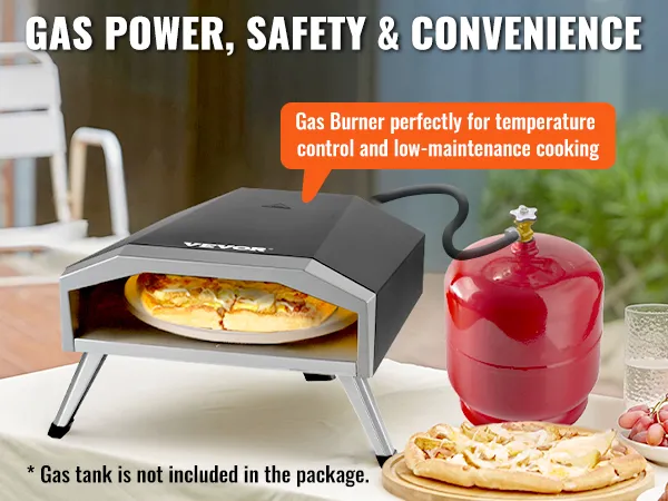 VEVOR outdoor pizza oven with gas burner for temperature control. gas tank not included.