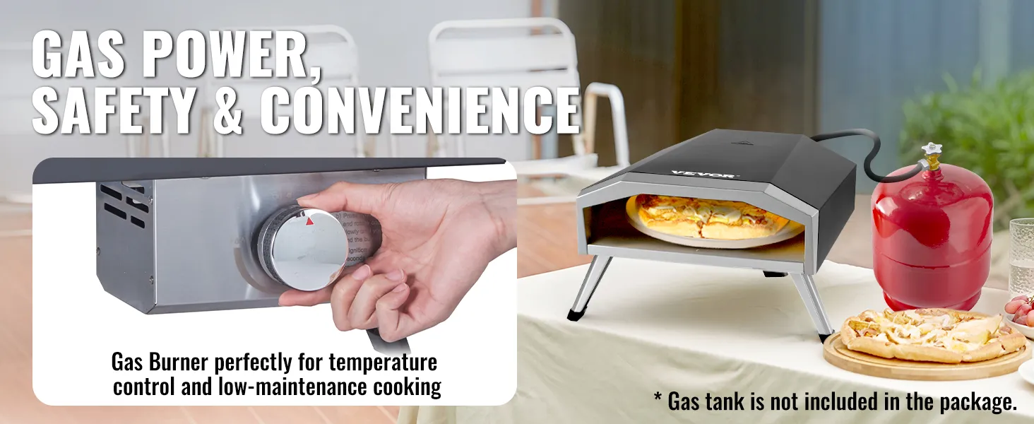 VEVOR outdoor pizza oven with gas burner for temperature control. gas tank not included.
