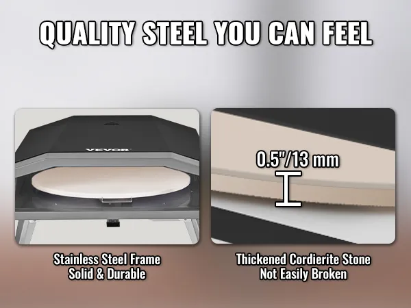 VEVOR outdoor pizza oven with stainless steel frame and thickened cordierite stone, durable and strong.