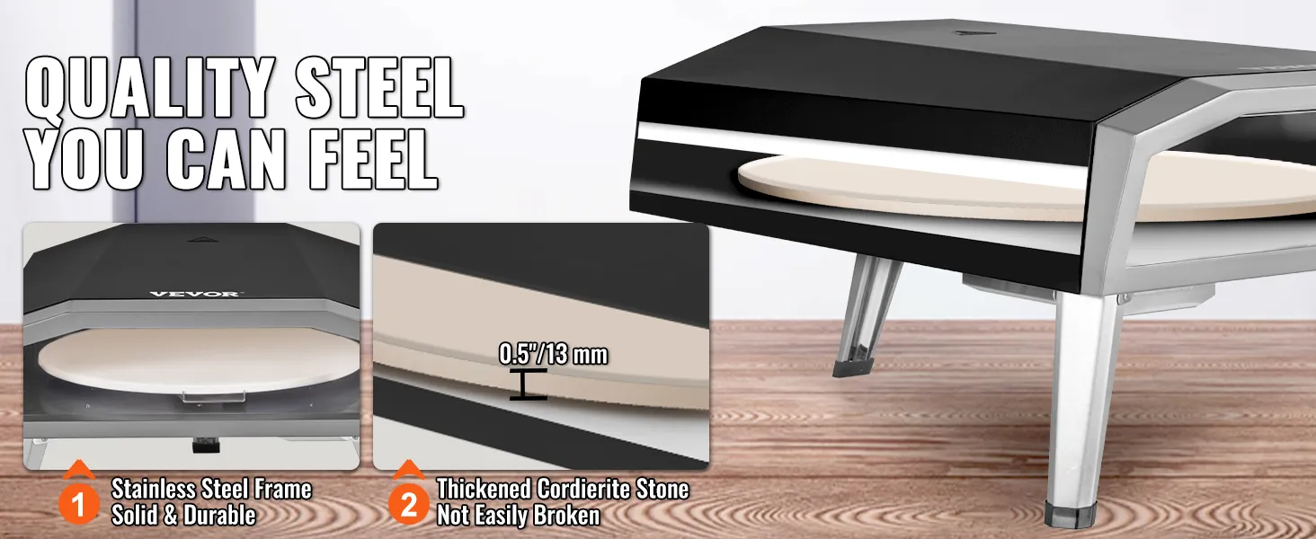 VEVOR outdoor pizza oven with stainless steel frame and thickened cordierite stone, durable and strong.