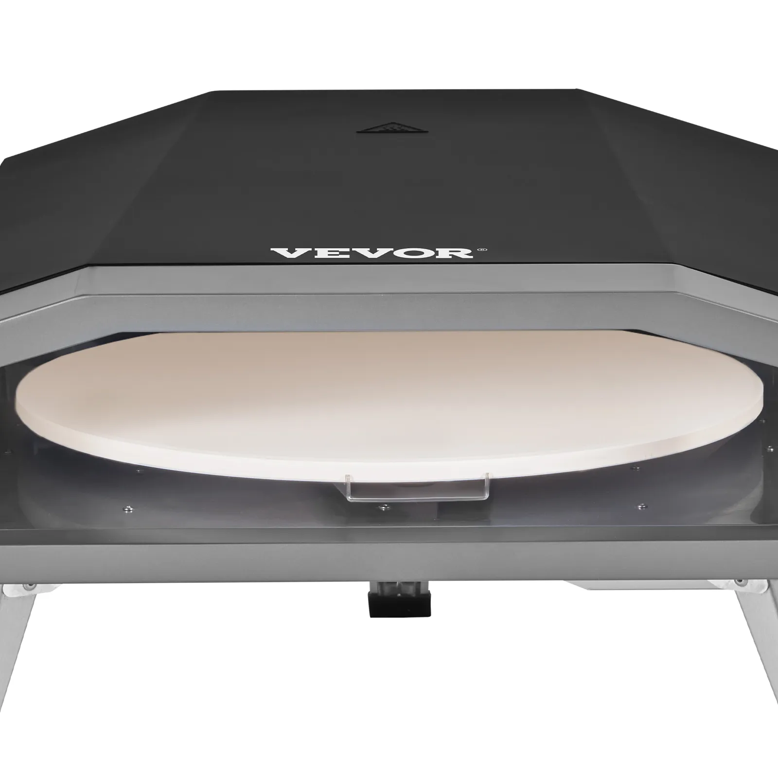 VEVOR outdoor pizza oven with a sleek black finish and spacious white cooking surface.