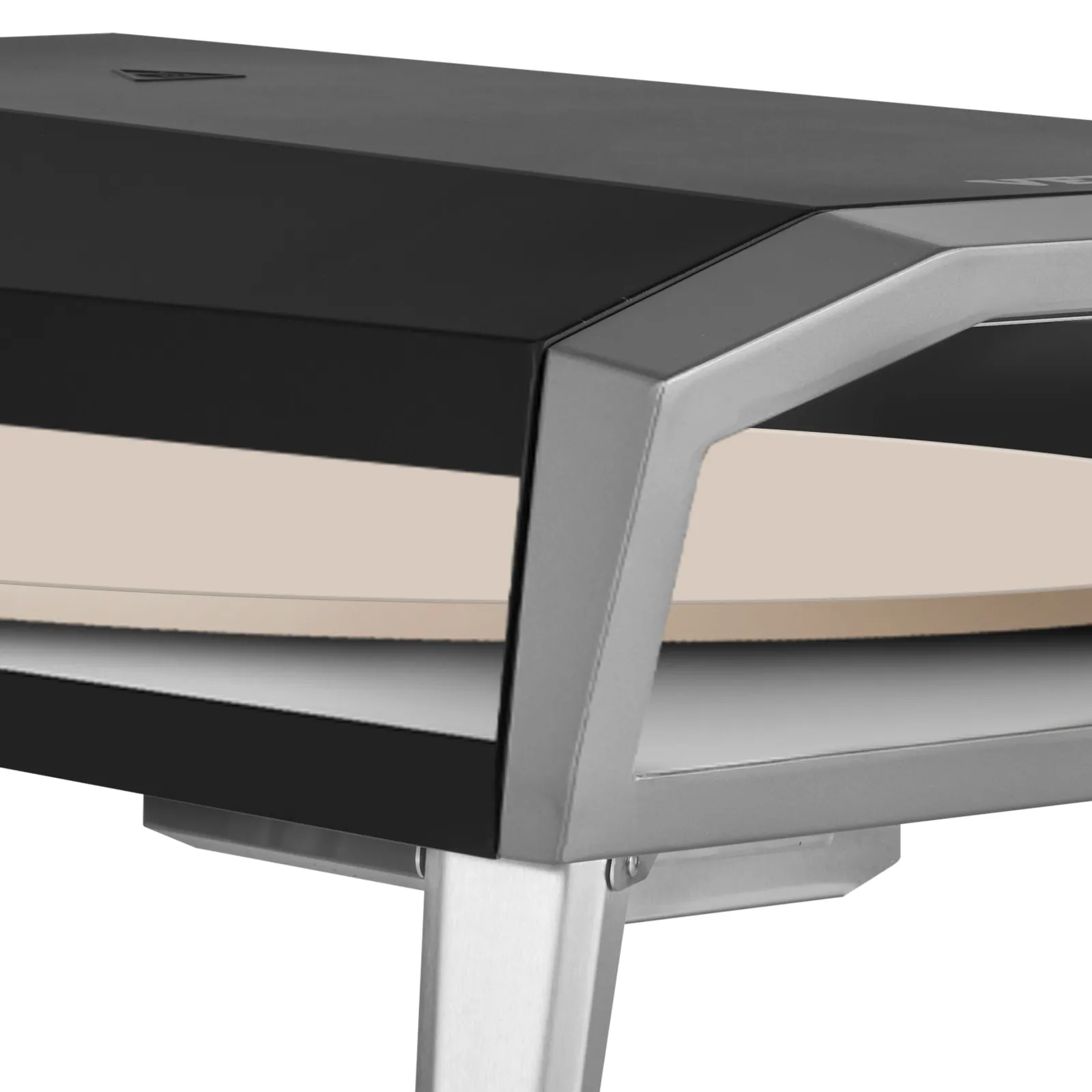 close-up of VEVOR outdoor pizza oven featuring sleek black and silver design with durable construction.