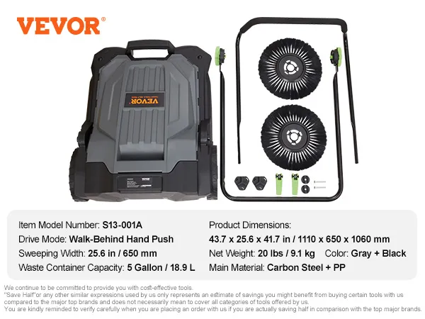 VEVOR floor sweeper assembly guide showcasing parts, including main body, handle, brushes, and instructions.