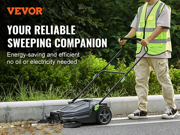 person using VEVOR floor sweeper on roadside, promoting energy-saving and efficient cleaning.