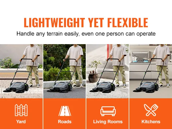 VEVOR floor sweeper used in yard, roads, living rooms, and kitchens, demonstrating versatility and ease.