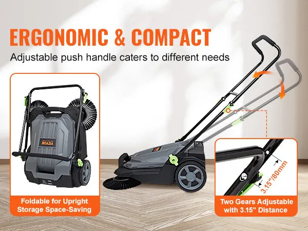VEVOR floor sweeper with adjustable push handle, foldable design, and two gears for easy storage.