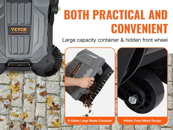 VEVOR floor sweeper: 5-gallon waste container, hidden front wheel, and dual brushes for leaf cleaning.
