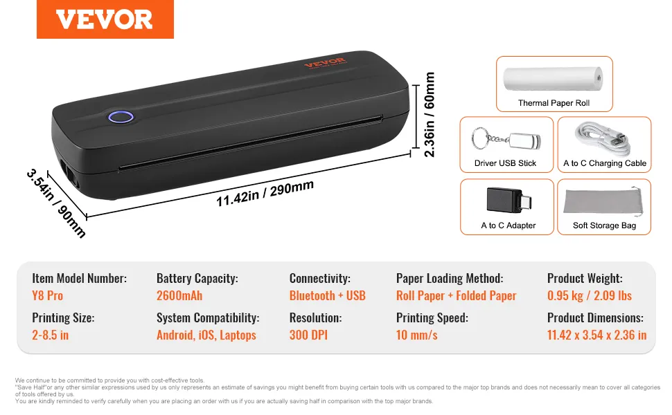 VEVOR Portable Thermal Printer - 2600mAh Battery, 300 DPI, Bluetooth Inkless Mobile Printer for A4, A5 & 8.5" x 11" Thermal Paper, Compatible with iOS, Android & Laptop, for Travel, Office & Home Use