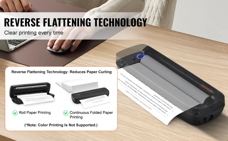 VEVOR Portable Thermal Printer - 2600mAh Battery, 300 DPI, Bluetooth Inkless Mobile Printer for A4, A5 & 8.5" x 11" Thermal Paper, Compatible with iOS, Android & Laptop, for Travel, Office & Home Use