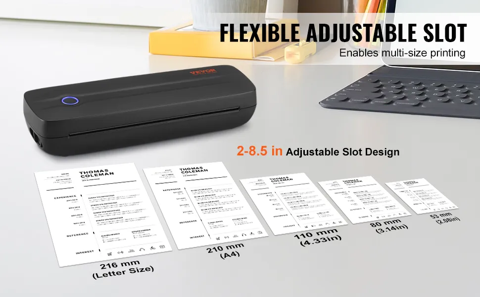 VEVOR Portable Thermal Printer - 2600mAh Battery, 300 DPI, Bluetooth Inkless Mobile Printer for A4, A5 & 8.5" x 11" Thermal Paper, Compatible with iOS, Android & Laptop, for Travel, Office & Home Use