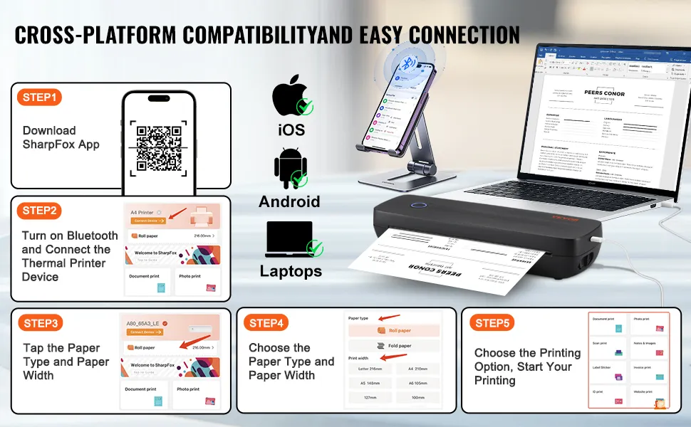 VEVOR Portable Thermal Printer - 2600mAh Battery, 300 DPI, Bluetooth Inkless Mobile Printer for A4, A5 & 8.5" x 11" Thermal Paper, Compatible with iOS, Android & Laptop, for Travel, Office & Home Use