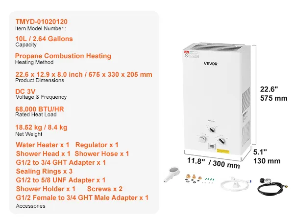 Portable Propane Water Heater 10L Tankless with Accessory Regulator for RV