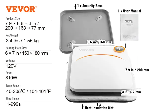 VEVOR heat press machine details with measurements, voltage, power, temp and time range, and accessories.