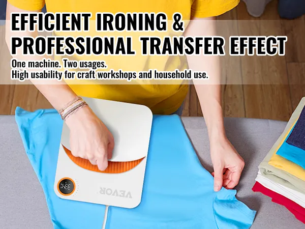 person using VEVOR heat press machine on a blue shirt, with a stack of colorful fabrics nearby.