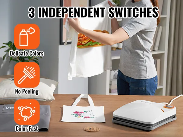 VEVOR heat press machine on a table with a tote bag showcasing vibrant, long-lasting colors.