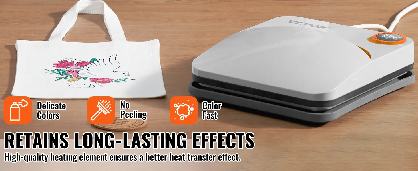 VEVOR heat press machine on a table with a tote bag showcasing vibrant, long-lasting colors.