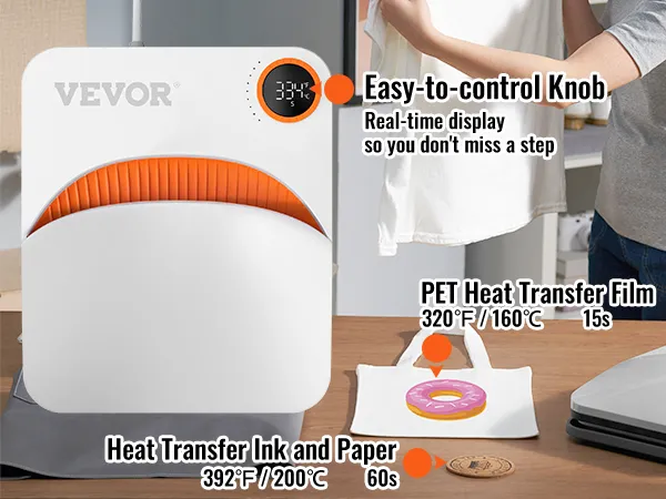 VEVOR heat press machine with easy-to-control knob, heat transfer ink and paper, and pet heat transfer film.