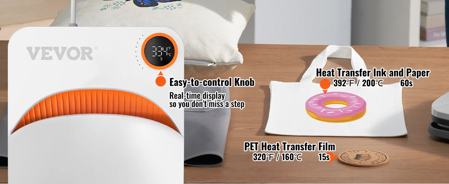 VEVOR heat press machine with easy-to-control knob, heat transfer ink and paper, and pet heat transfer film.