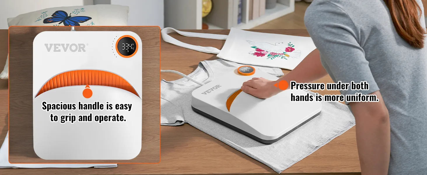 VEVOR heat press machine with spacious handle in use on a t-shirt, featuring clear temperature display.