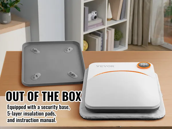 VEVOR heat press machine on table with security base and 5-layer insulation pads.