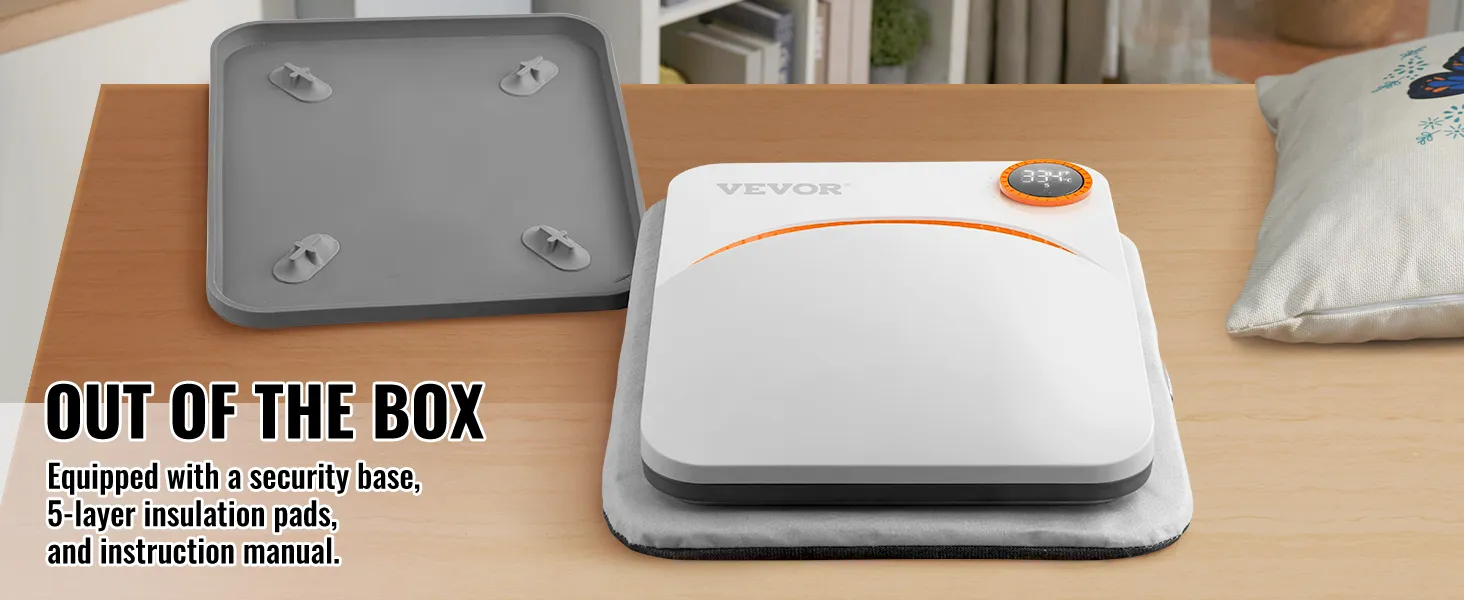 VEVOR heat press machine on table with security base and 5-layer insulation pads.