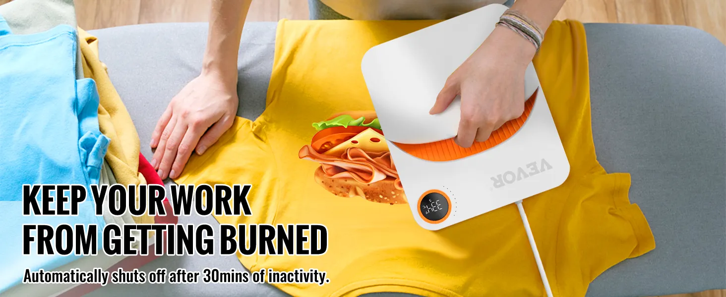 using the VEVOR heat press machine on a yellow shirt with a sandwich print, ensuring safe operation.