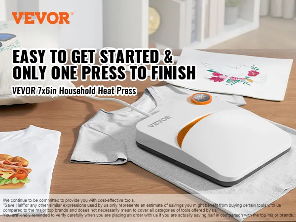 VEVOR heat press machine with t-shirt, tote bag, and pillow showcasing prints in a stylish setup.