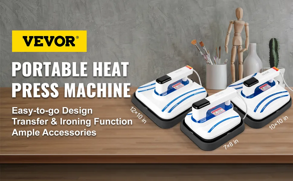 VEVOR heat press machine with three size options on a wooden table.