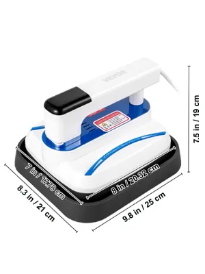 VEVOR heat press machine dimensions: 7.5 x 8 x 9.8 inches with a black and white design.