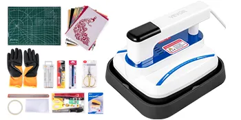 VEVOR heat press machine with cutting mat, gloves, tools, and assorted materials.