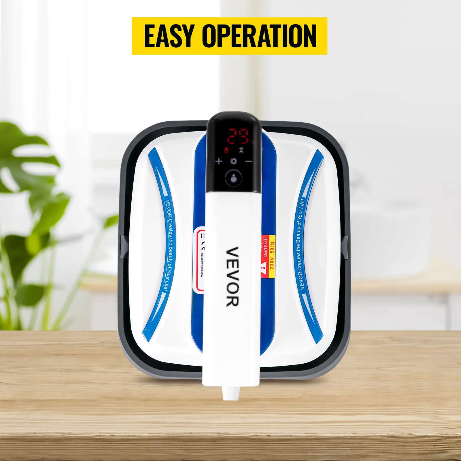 VEVOR heat press machine on a wooden table with easy operation label.