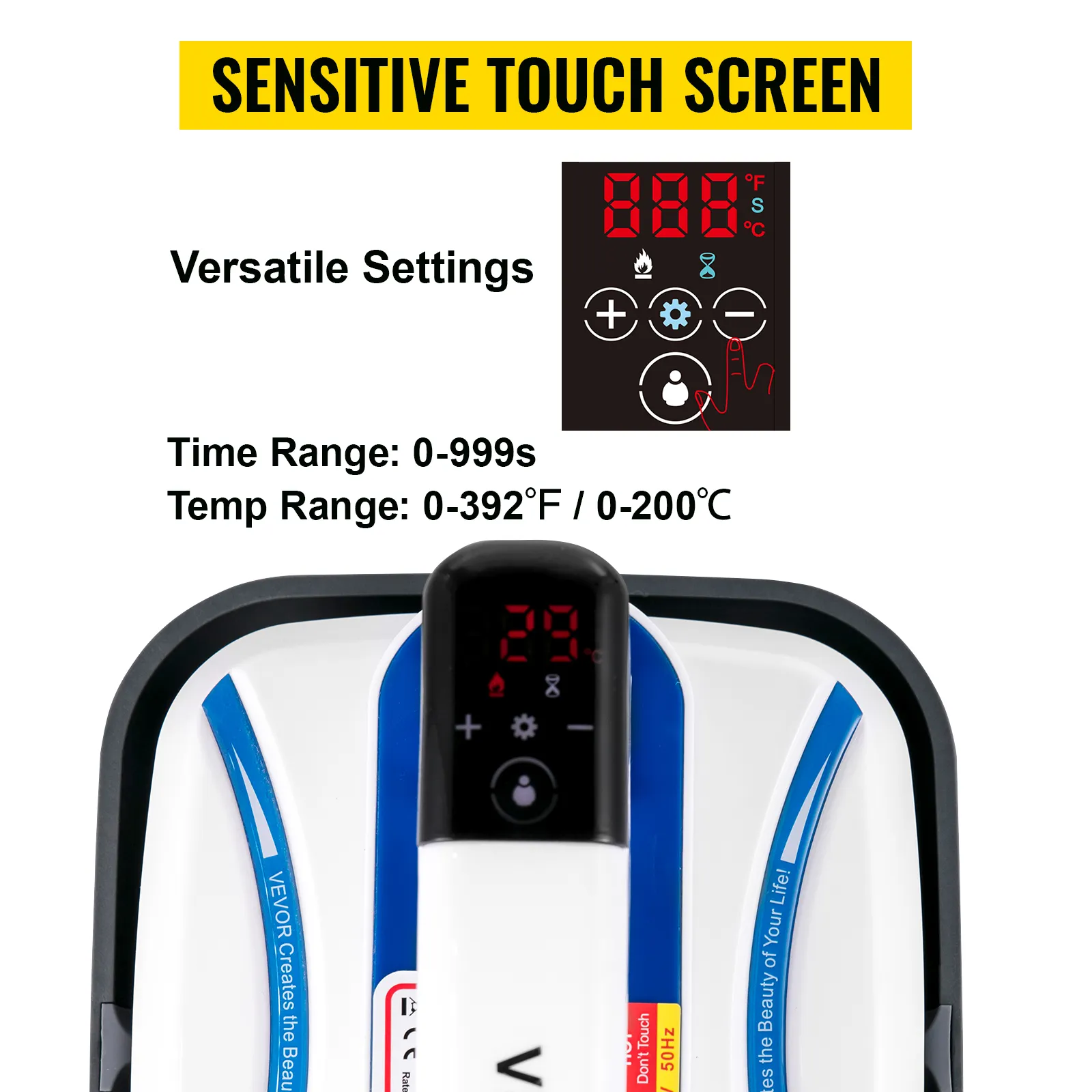 VEVOR heat press machine with sensitive touch screen for versatile settings.