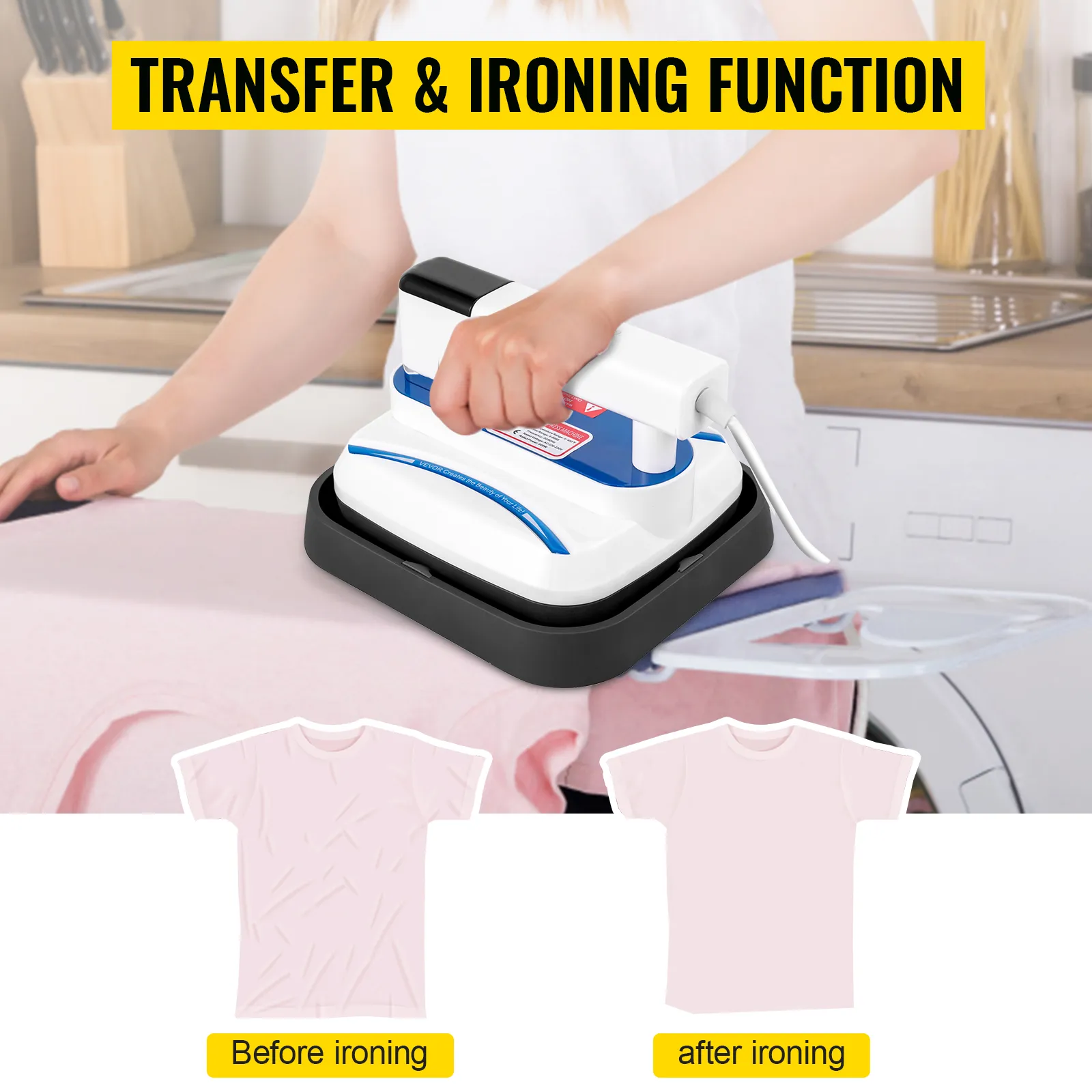 VEVOR heat press machine in use for ironing and transfer, showing before and after results.