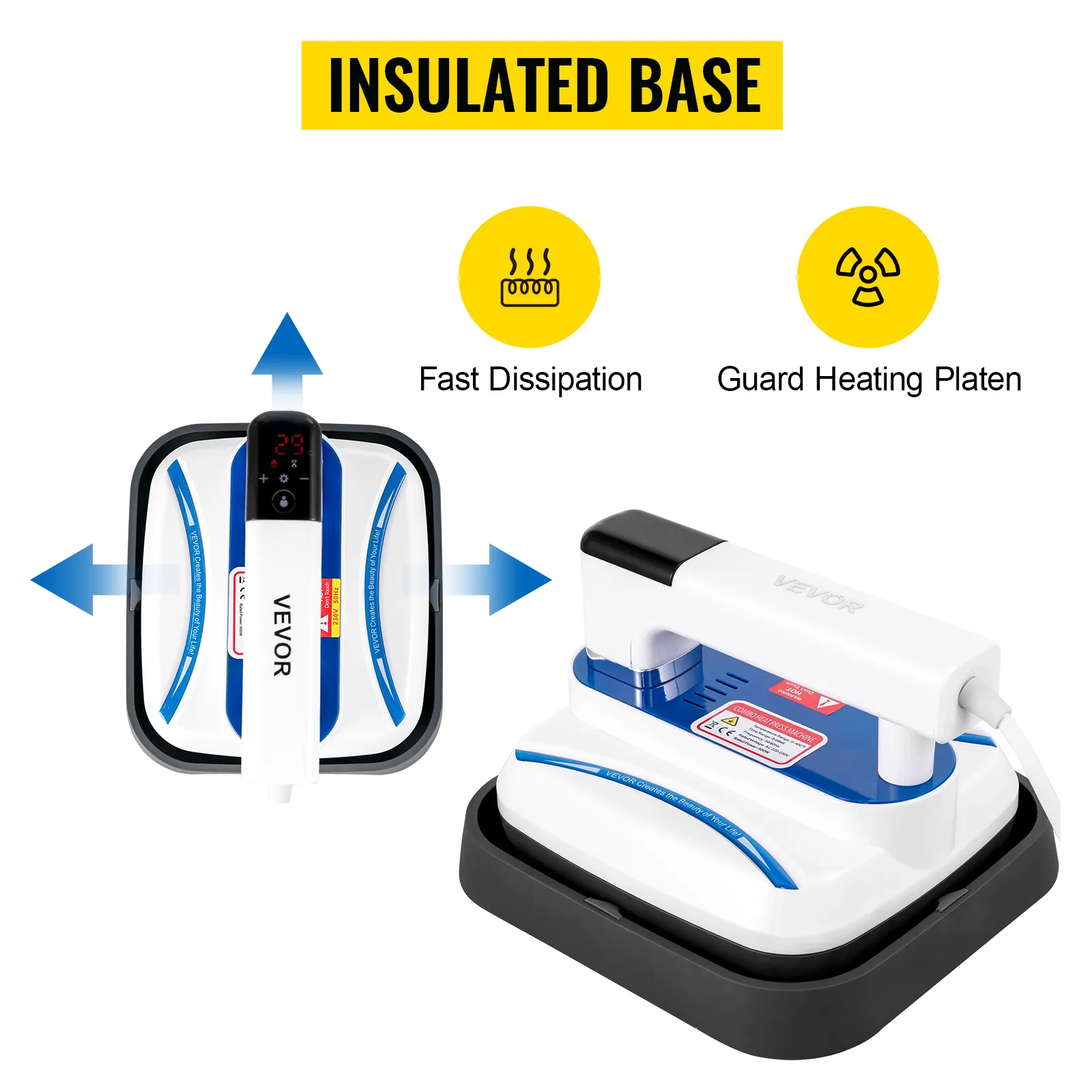 VEVOR heat press machine with insulated base and fast heat dissipation.