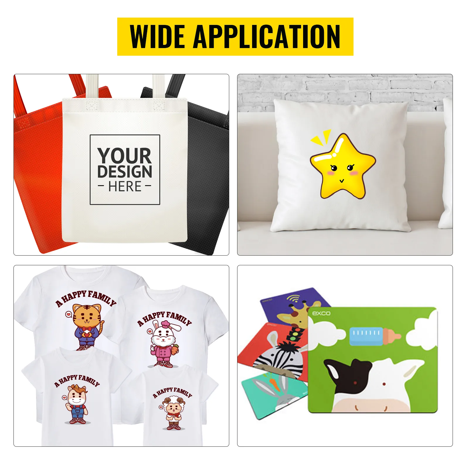 wide application of VEVOR heat press machine on bags, pillows, t-shirts, and mouse pads.