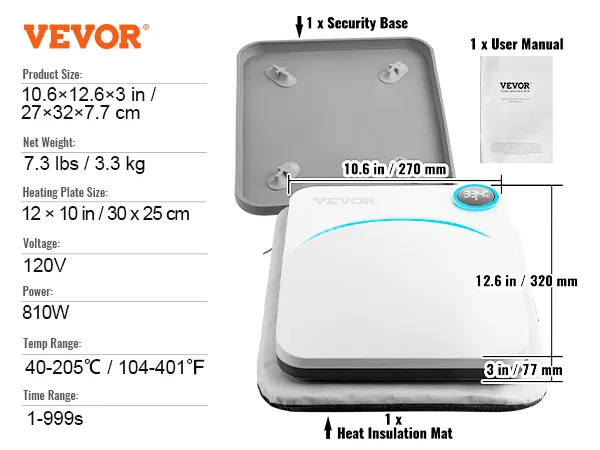 VEVOR-Heißpressmaschine mit Sicherheitsbasis, Wärmeisolationsmatte und Benutzerhandbuch, 120 V, 810 W.