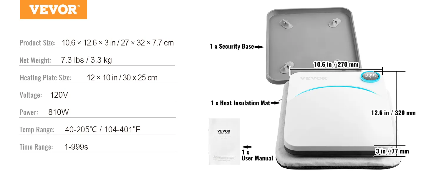 VEVOR-Heißpressmaschine mit Sicherheitsbasis, Wärmeisolationsmatte und Benutzerhandbuch, 120 V, 810 W.