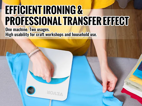 Person, die eine VEVOR-Heißpresse auf einem blauen Hemd mit gefalteter Kleidung im Hintergrund verwendet.