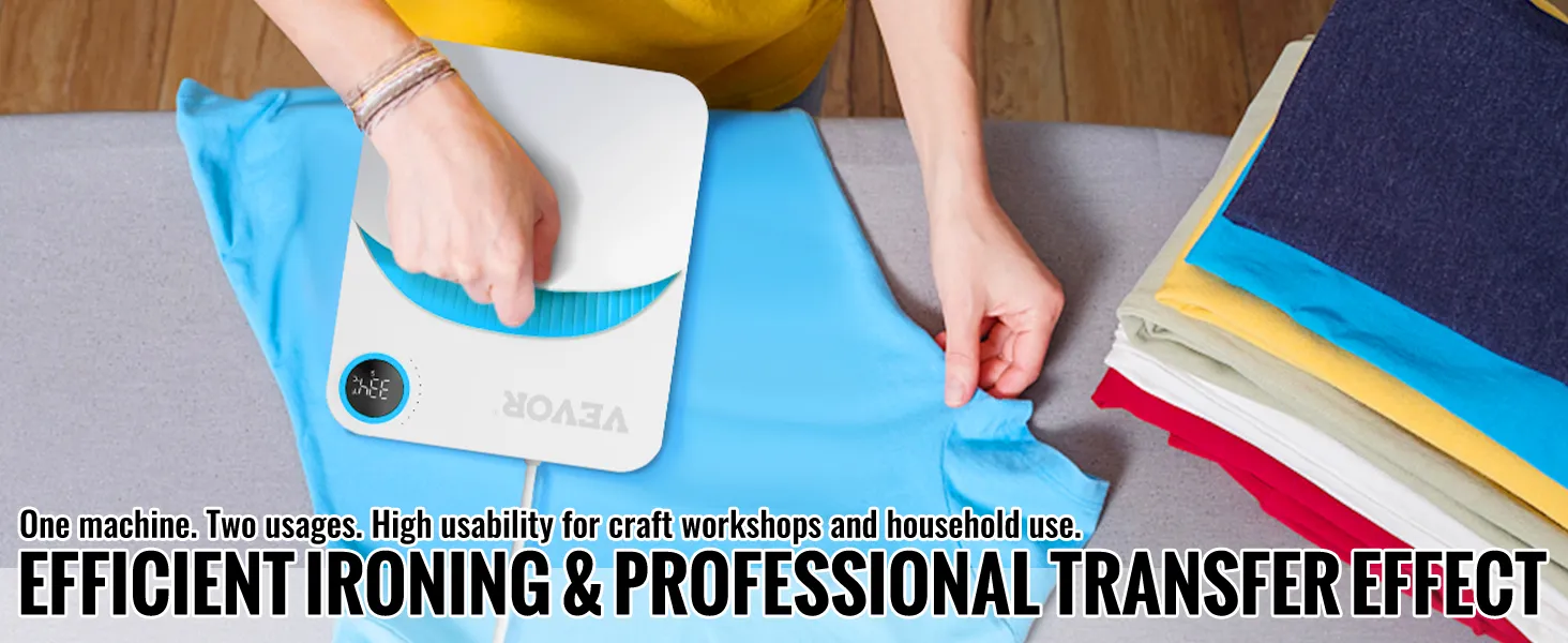 Person, die eine VEVOR-Heißpresse auf einem blauen Hemd mit gefalteter Kleidung im Hintergrund verwendet.