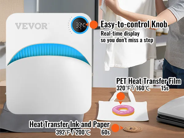 VEVOR-Heißpressmaschine mit leicht zu bedienendem Drehknopf, Temperaturanzeige und Beispielen für die Wärmeübertragung von Haustieren.