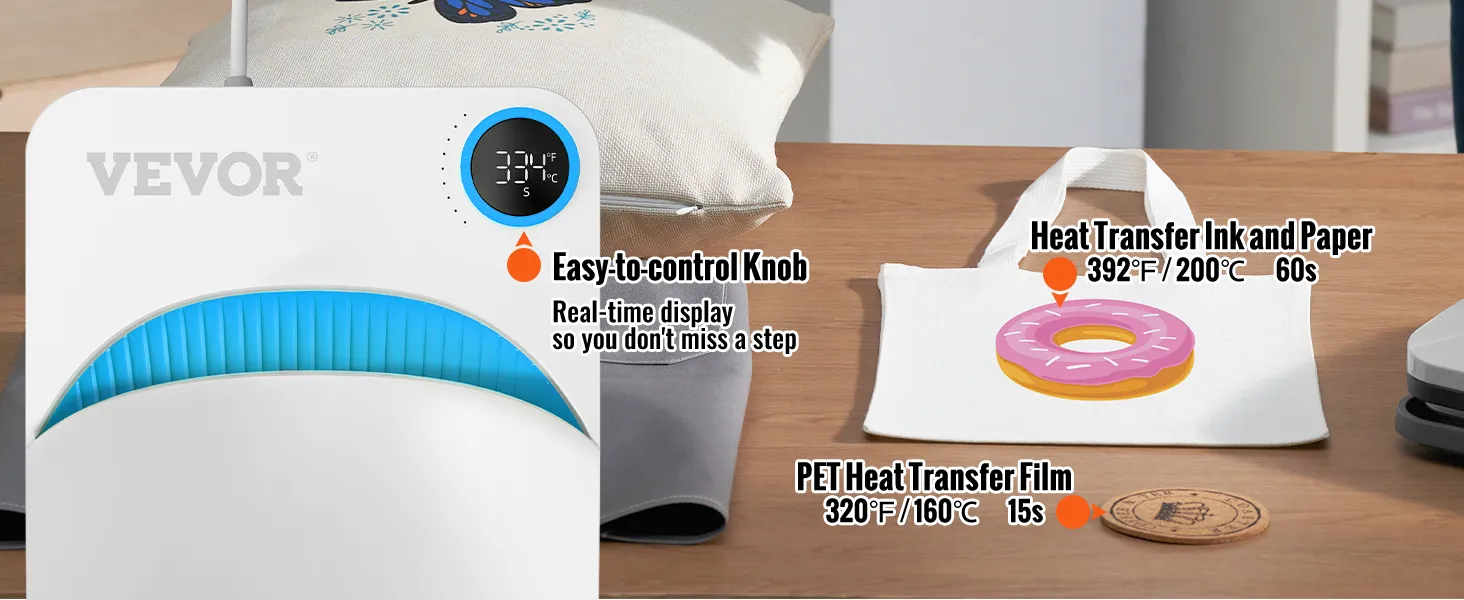 VEVOR-Heißpressmaschine mit leicht zu bedienendem Drehknopf, Temperaturanzeige und Beispielen für die Wärmeübertragung von Haustieren.