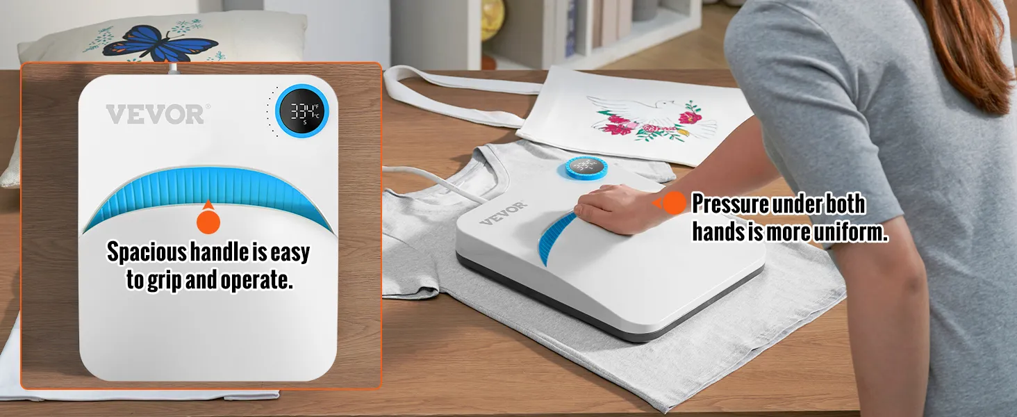 VEVOR-Heißpressmaschine im Einsatz mit großem Griff für einfaches Greifen, vom Benutzer auf einem T-Shirt angebracht.