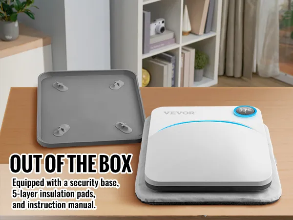 VEVOR-Heißpressmaschine auf einem Tisch mit Sicherheitssockel, Isolierpads und Bedienungsanleitung.