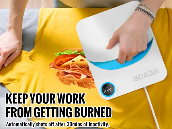 Pressen eines gelben T-Shirts mit einer VEVOR-Heißpresse, auf der ein Lebensmitteldruckmuster abgebildet ist.