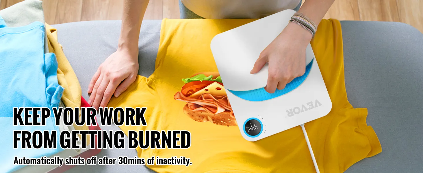 Pressen eines gelben T-Shirts mit einer VEVOR-Heißpresse, auf der ein Lebensmitteldruckmuster abgebildet ist.