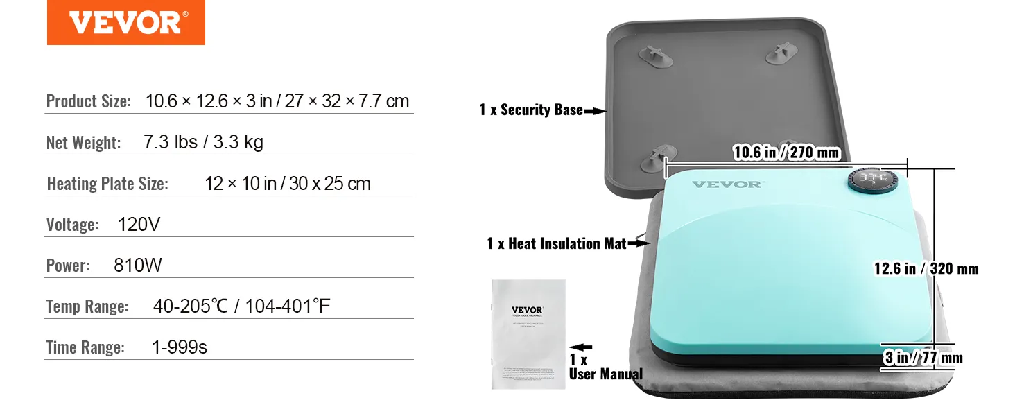 VEVOR-Heißpressmaschine mit Sicherheitsbasis, Wärmeisolationsmatte, Benutzerhandbuch und aufgeführten Spezifikationen.