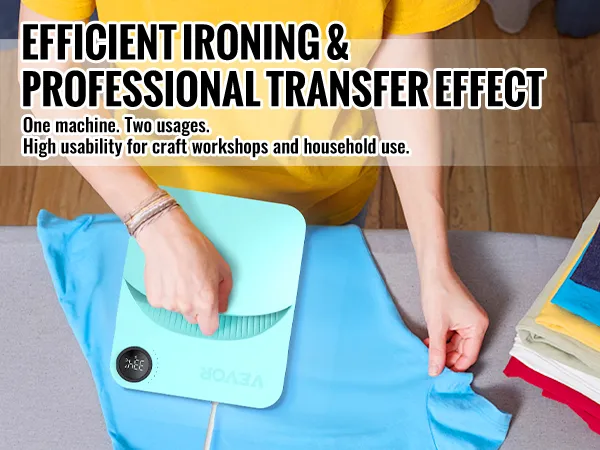 Person, die eine VEVOR-Heißpresse an einem blauen Hemd verwendet, an dessen Seite gefaltete Kleidung liegt.