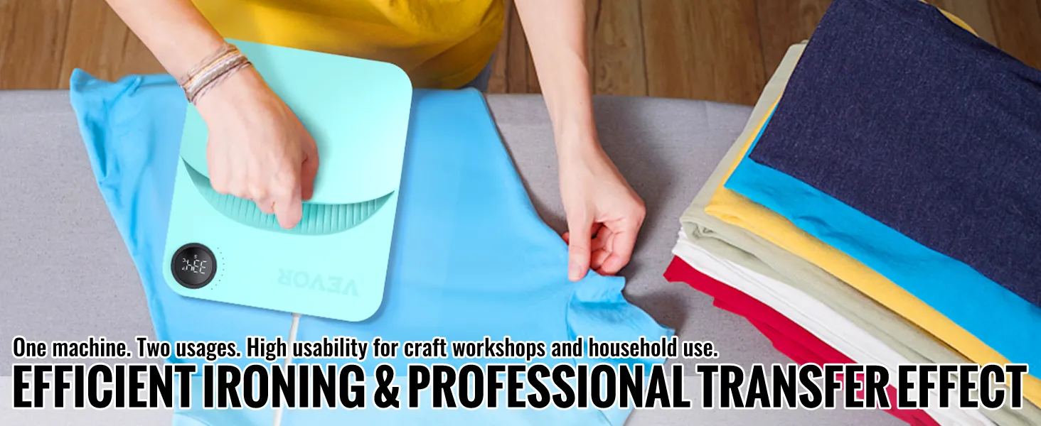 Person, die eine VEVOR-Heißpresse an einem blauen Hemd verwendet, an dessen Seite gefaltete Kleidung liegt.